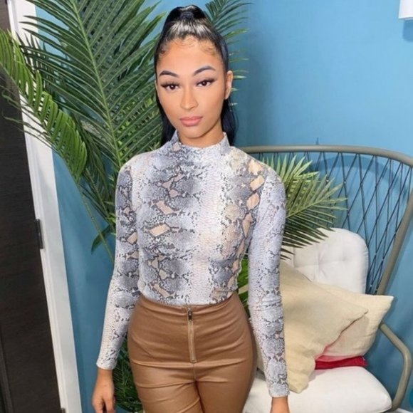 Snake Print Animal Print Long Sleeve High Neck Bodycon Bodysuit Top Leotard - Picture 1 of 5